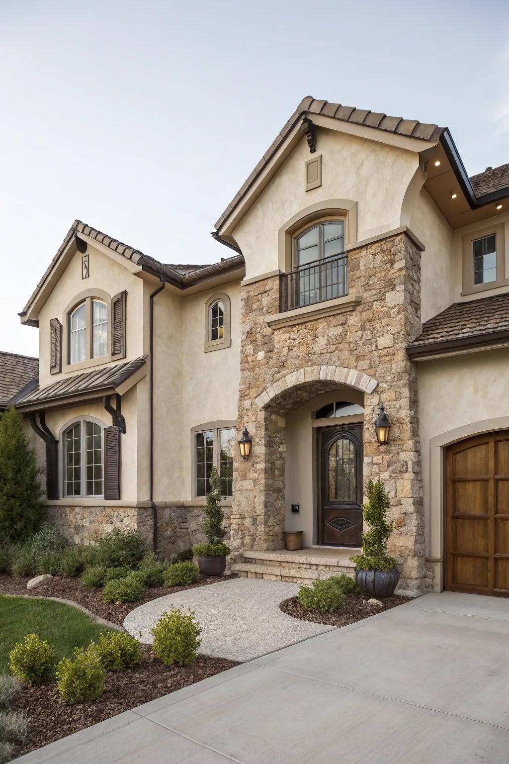 Elegant symmetry with balanced stucco and stone.