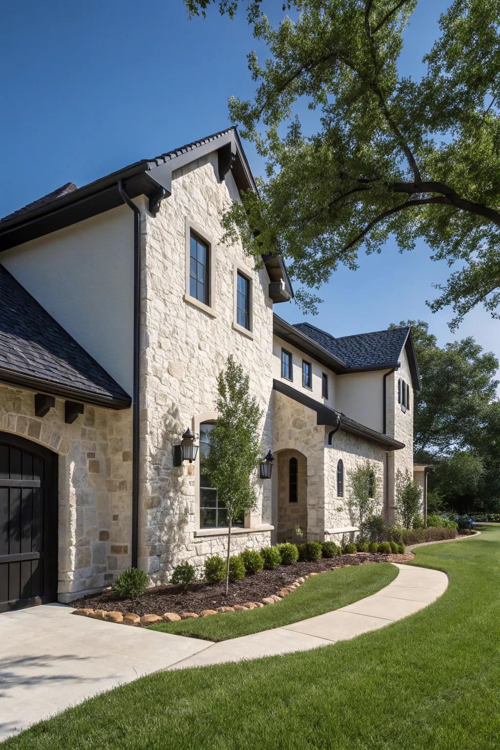 Striking contrast with light stucco and dark stone.