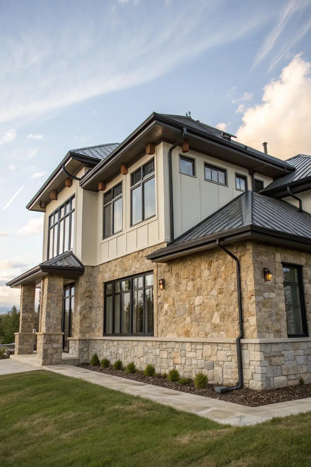 A house that perfectly balances traditional and modern aesthetics with stone and stucco.