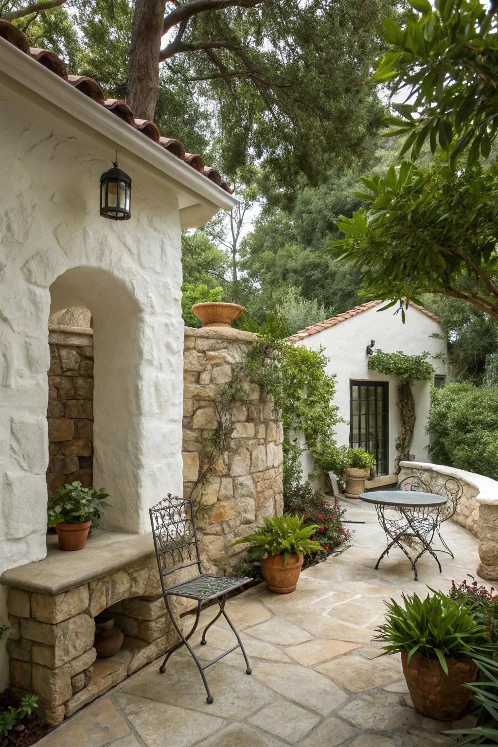 Seamless indoor-outdoor transition with stucco and stone.