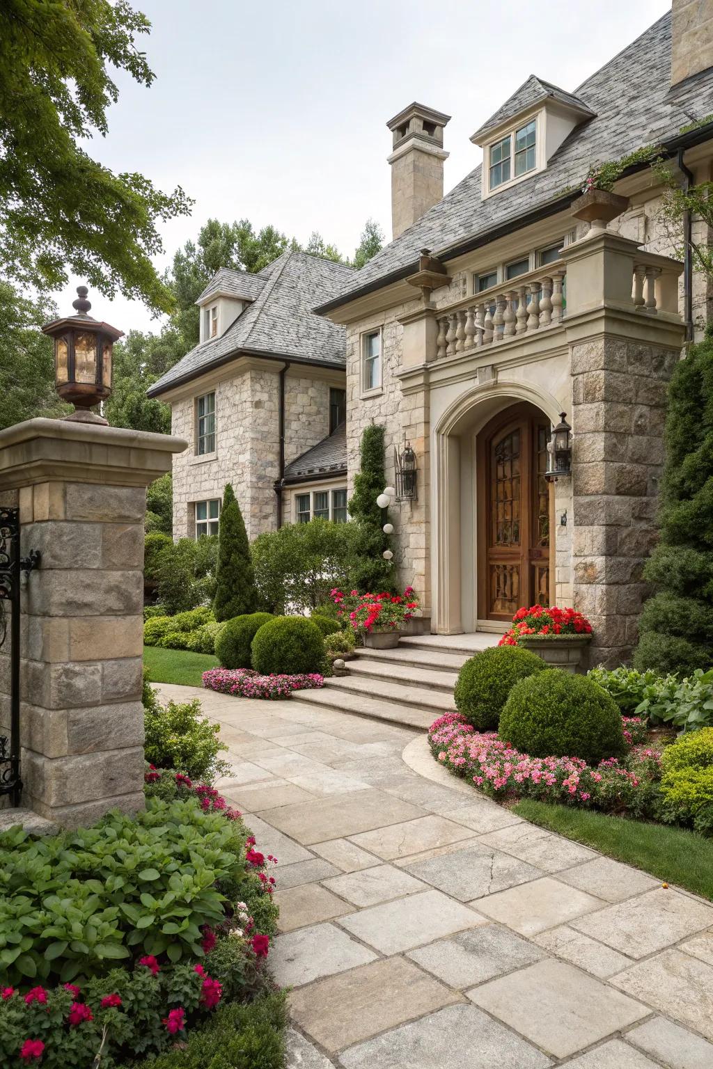 A welcoming front entrance with stone pillars and stucco walls.