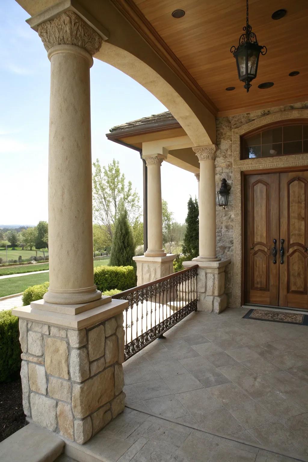 Elegant details with stucco columns and stone bases.