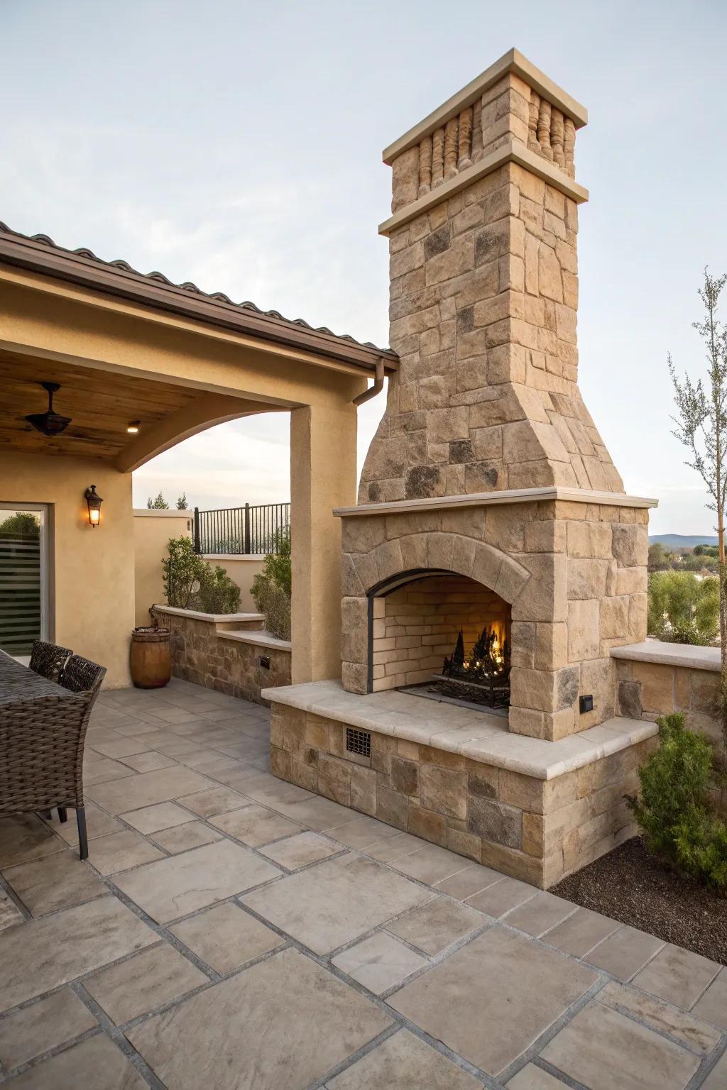 Cozy evenings by the stone fireplace on a stucco patio.
