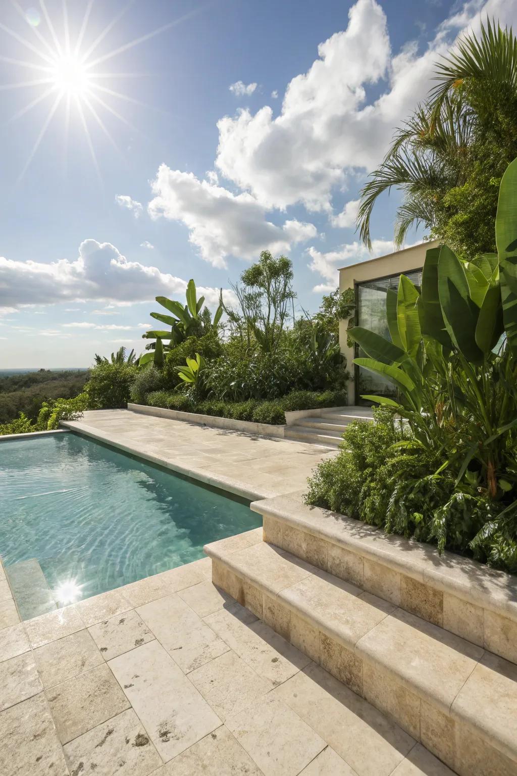 Embrace classic elegance with travertine tiles around your pool.