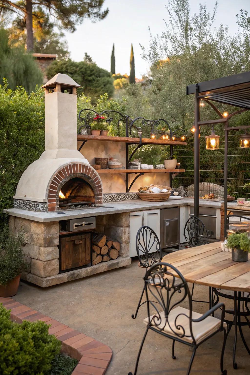 Wrought iron details in a rustic outdoor kitchen provide durability and style.