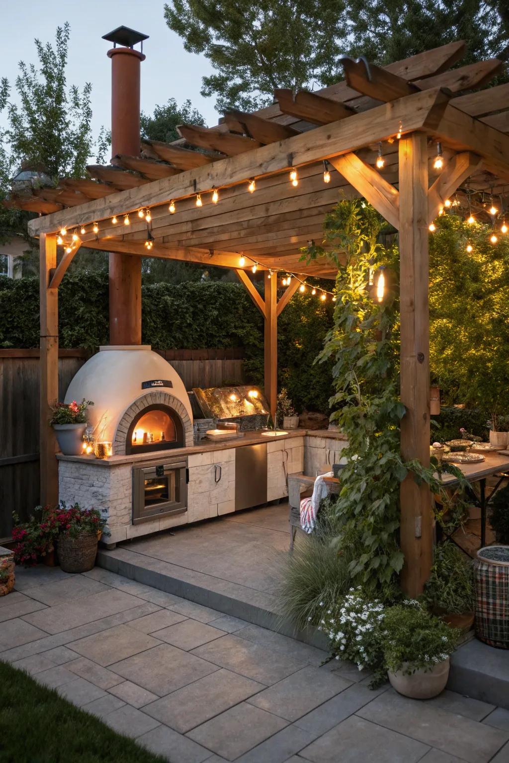 A pergola-covered outdoor kitchen with a pizza oven, perfect for shaded dining.