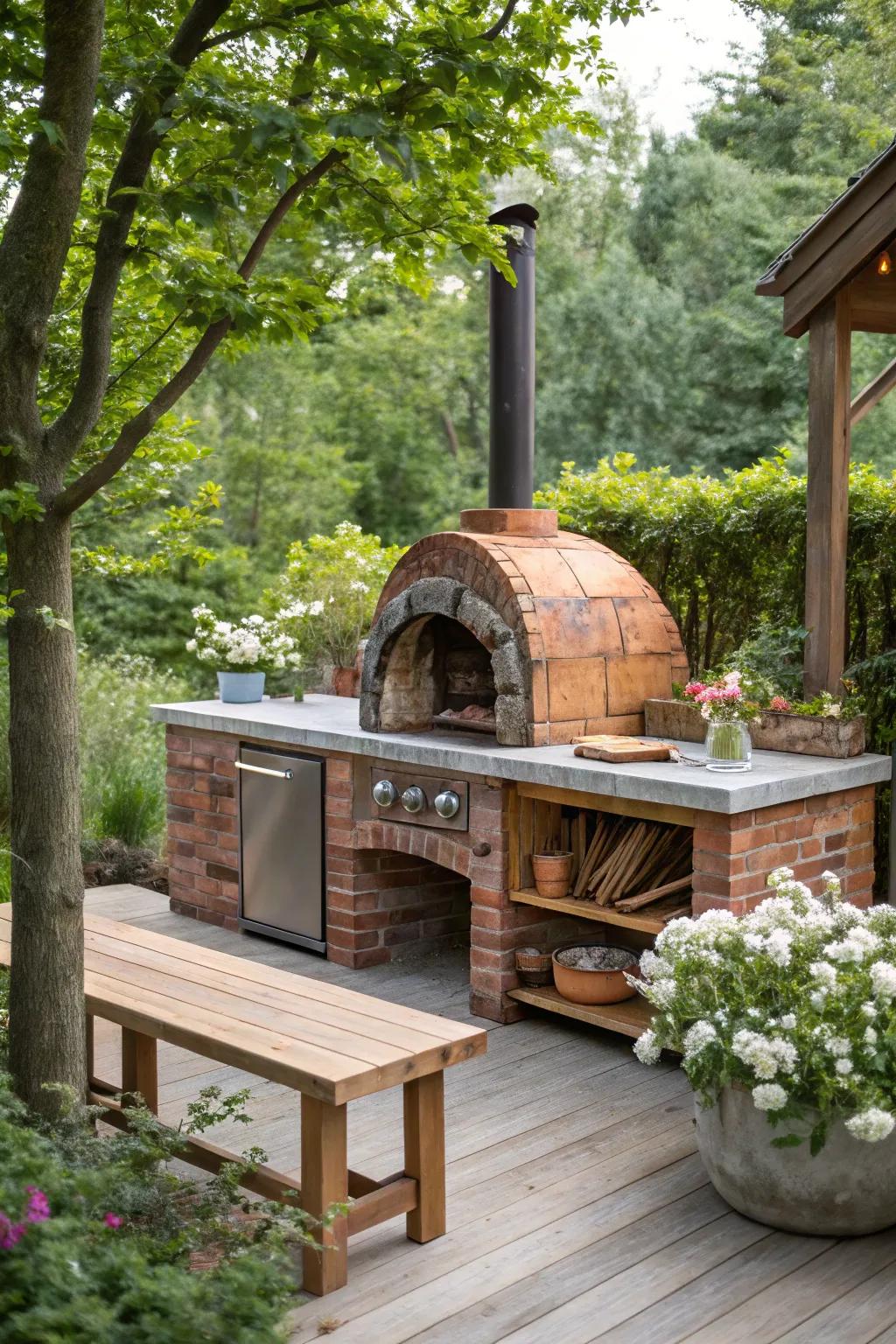 A wood-fired pizza oven accompanied by a rustic bench, perfect for relaxed gatherings.