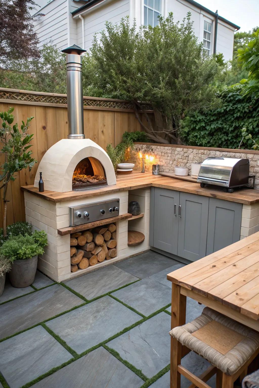 A compact corner setup perfect for small outdoor spaces.