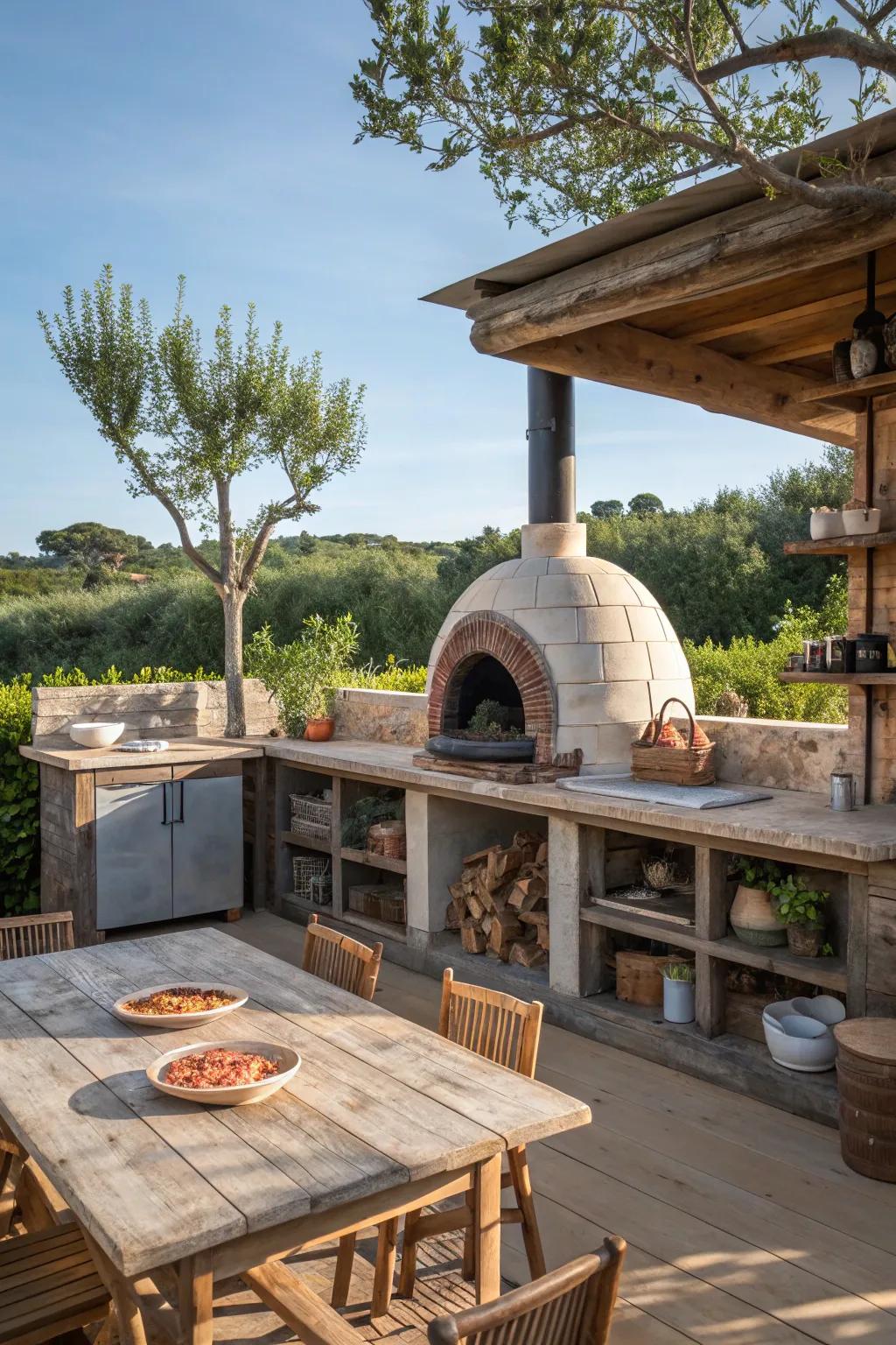 A rustic outdoor kitchen featuring reclaimed wood accents for a sustainable touch.
