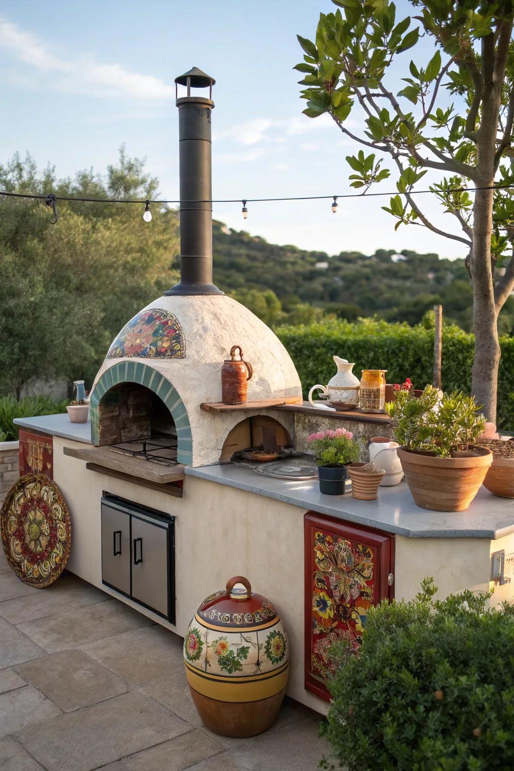 Vintage pottery decor adds charm and character to a rustic kitchen.