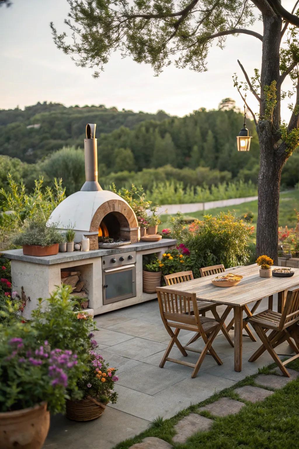 A garden-integrated outdoor kitchen with a pizza oven, offering fresh ingredients on hand.