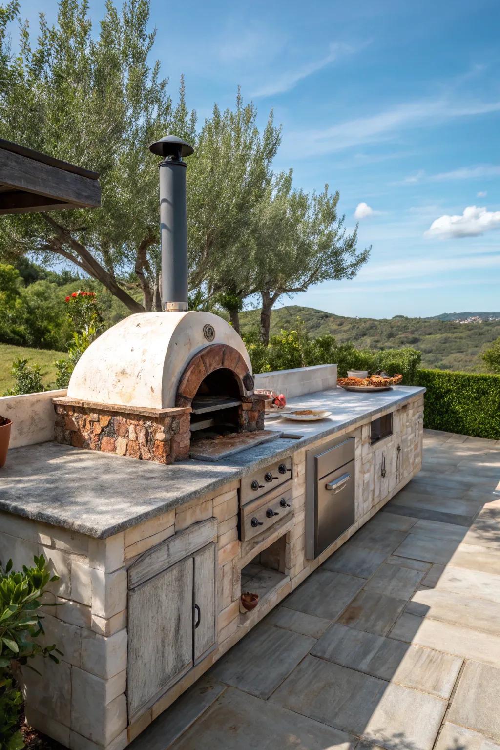 Weathered stone counters that bring a natural feel to an outdoor kitchen.