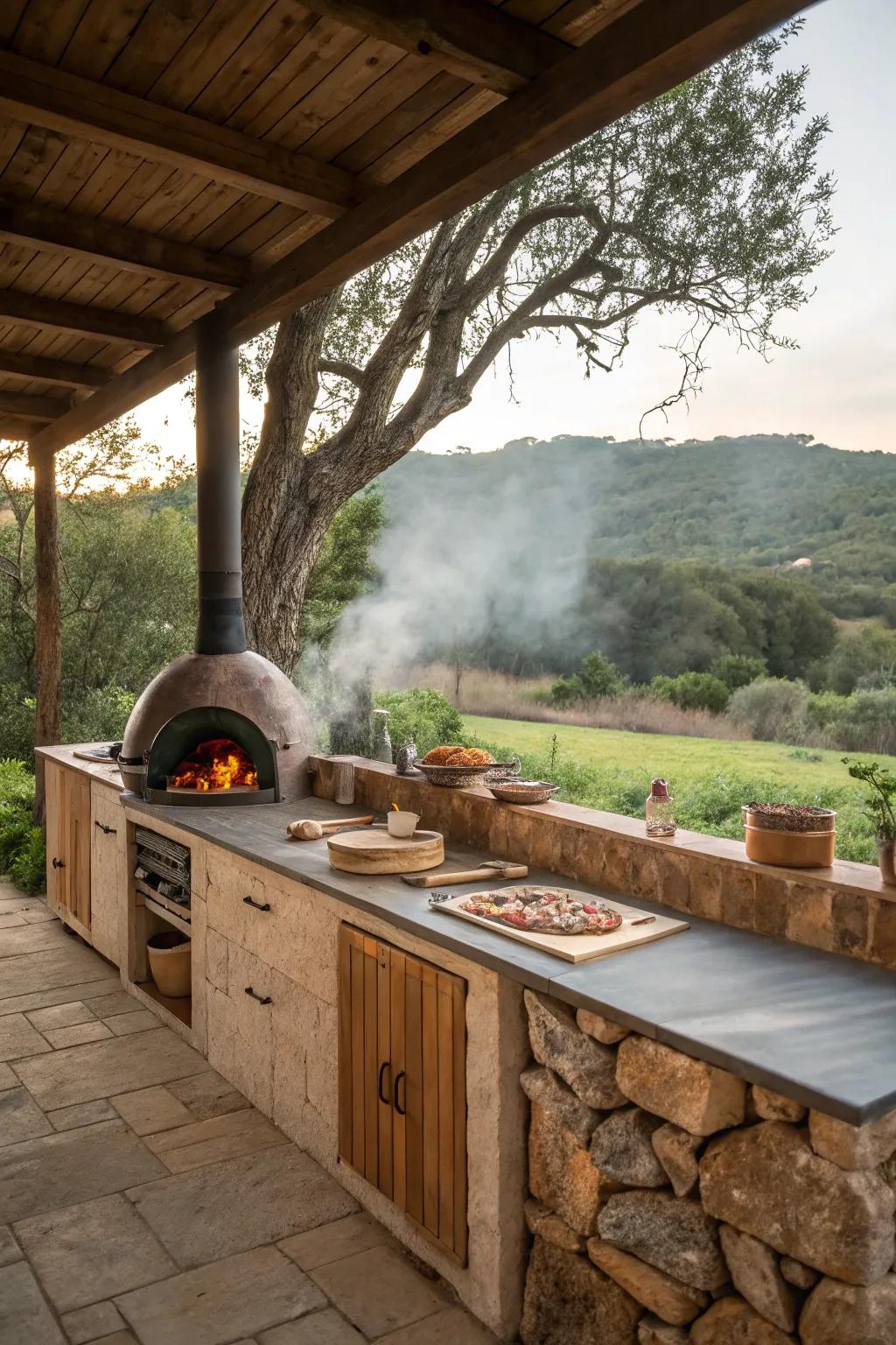 An open-air cooking space that enhances the rustic outdoor experience.
