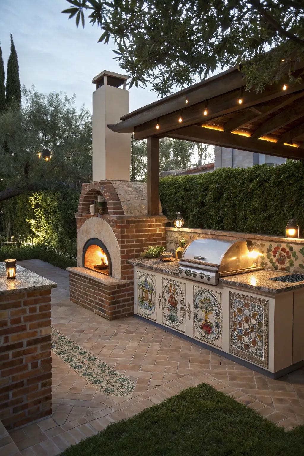 A striking combination of brick and tile in a rustic pizza oven design.