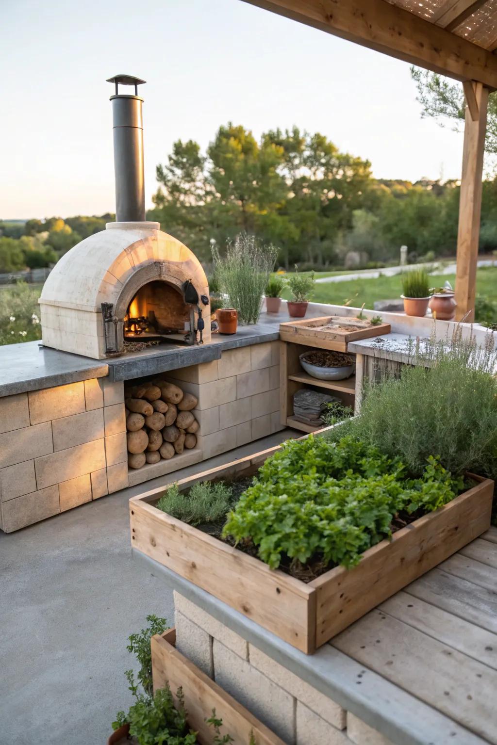 A built-in herb garden offers fresh ingredients for outdoor cooking.