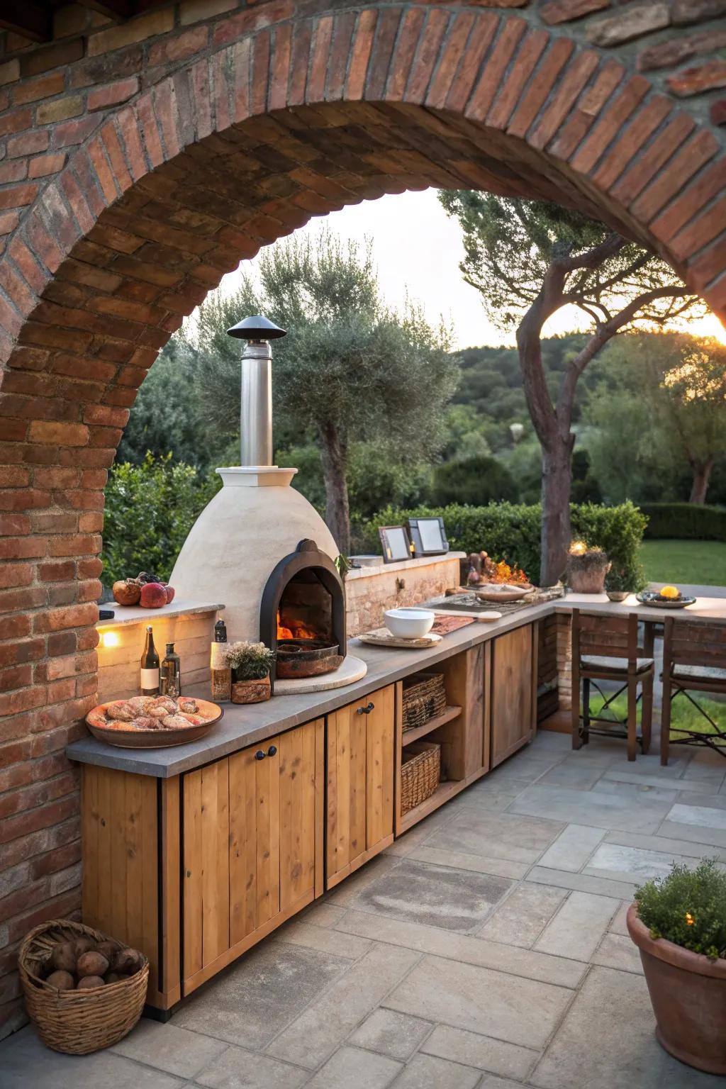 A rustic brick archway adds elegance to a pizza oven setup.