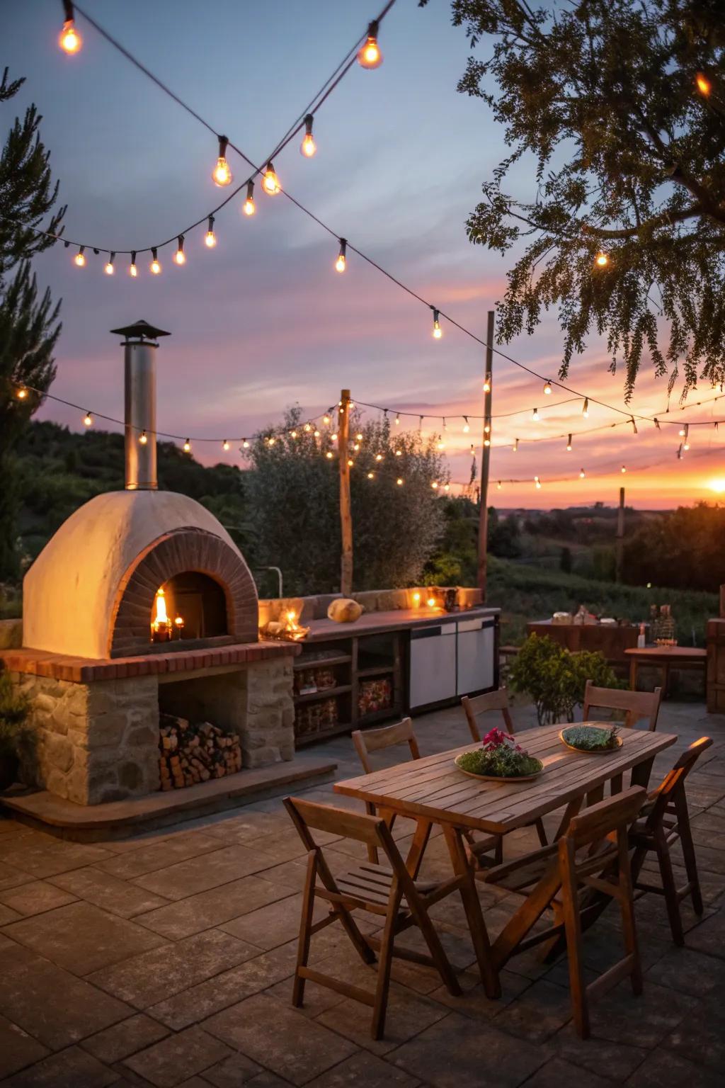 Rustic lighting that adds a magical touch to an outdoor kitchen with a pizza oven.
