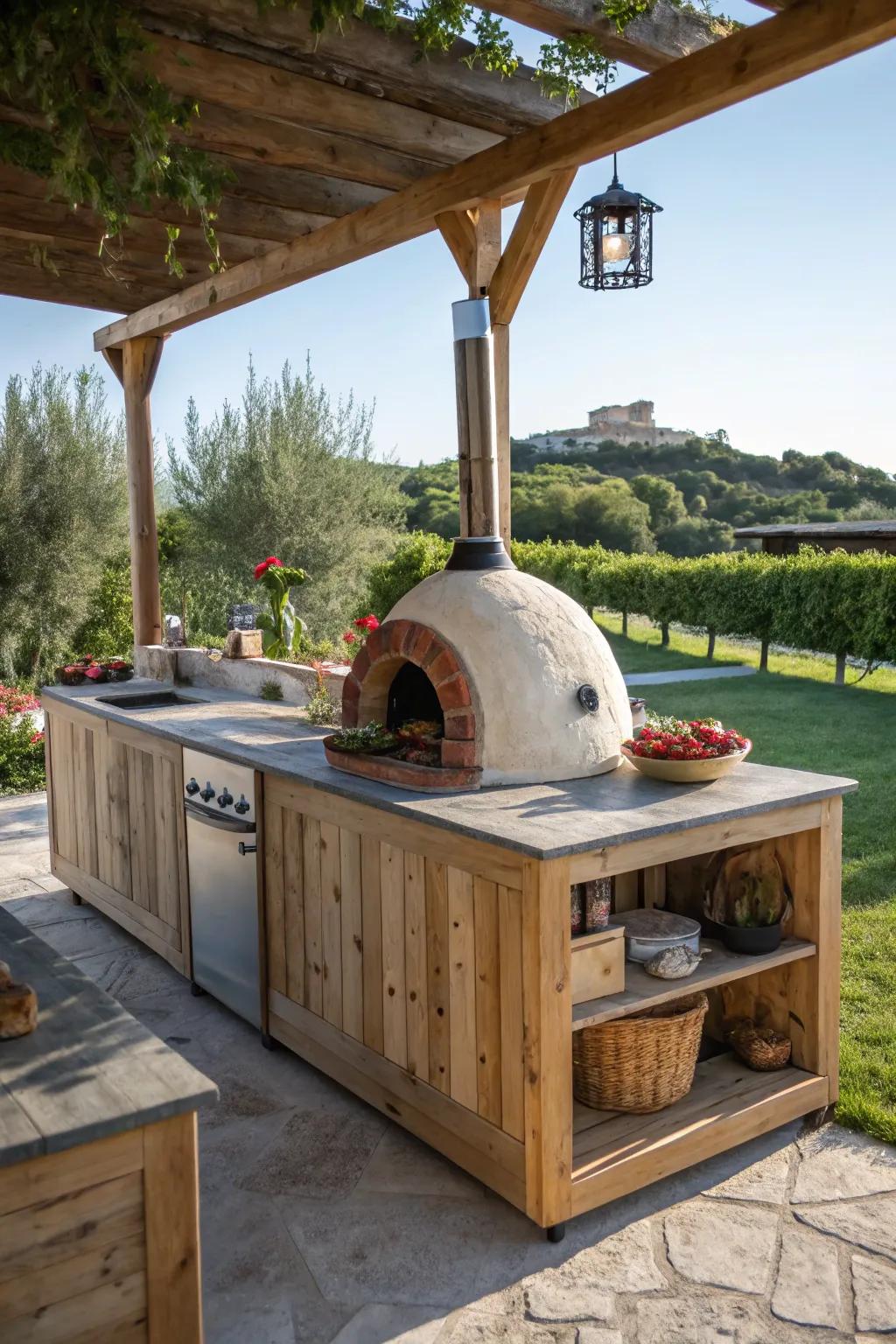 A rustic kitchen island that serves as a functional centerpiece.