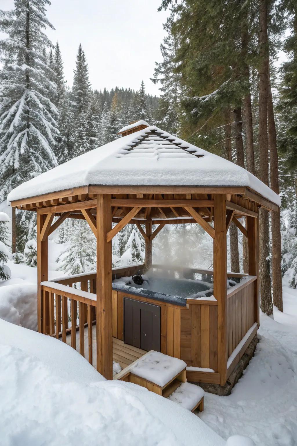 A classic wooden gazebo housing a hot tub in a snowy setting.