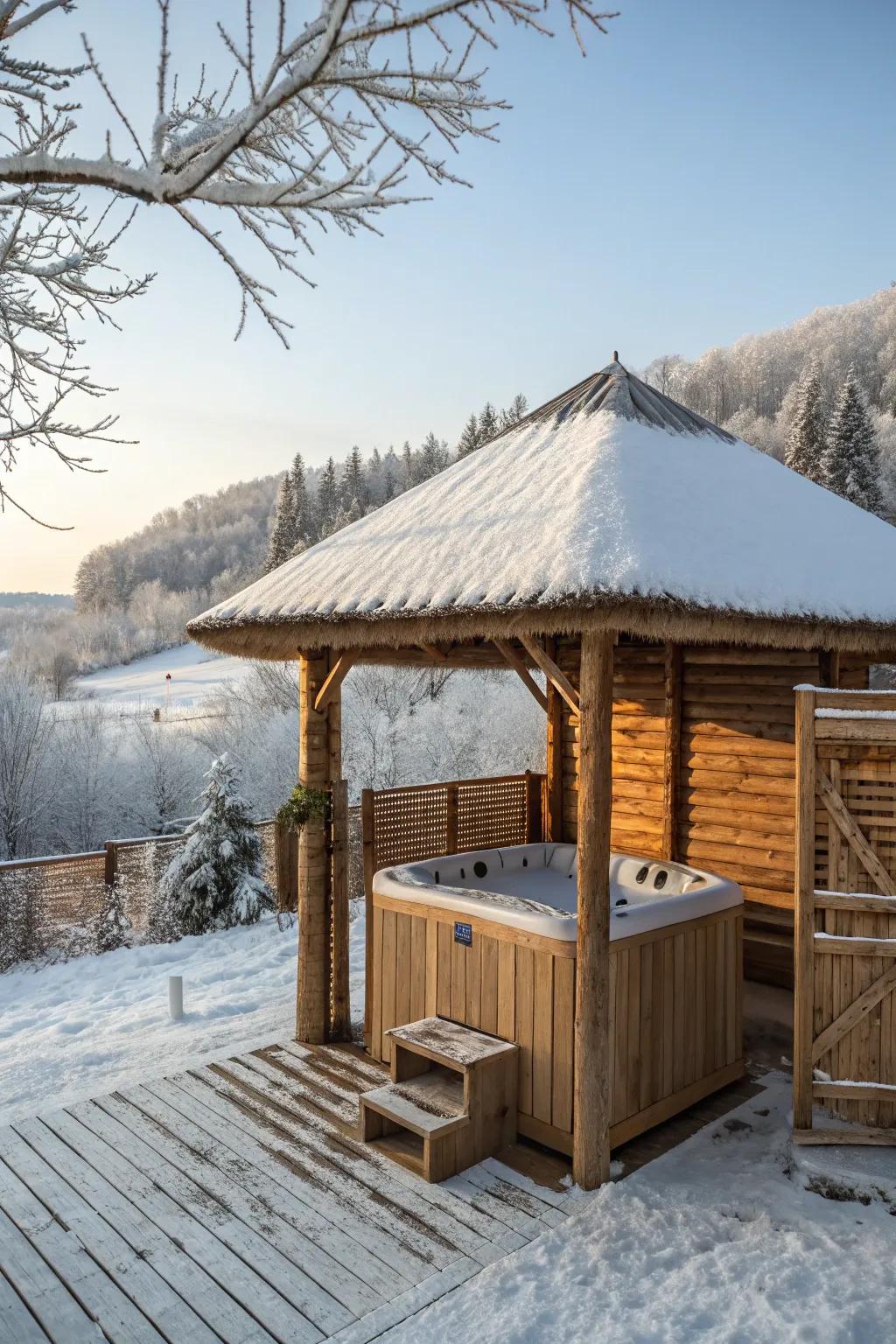 A rustic wooden cabana providing a cozy hot tub shelter.