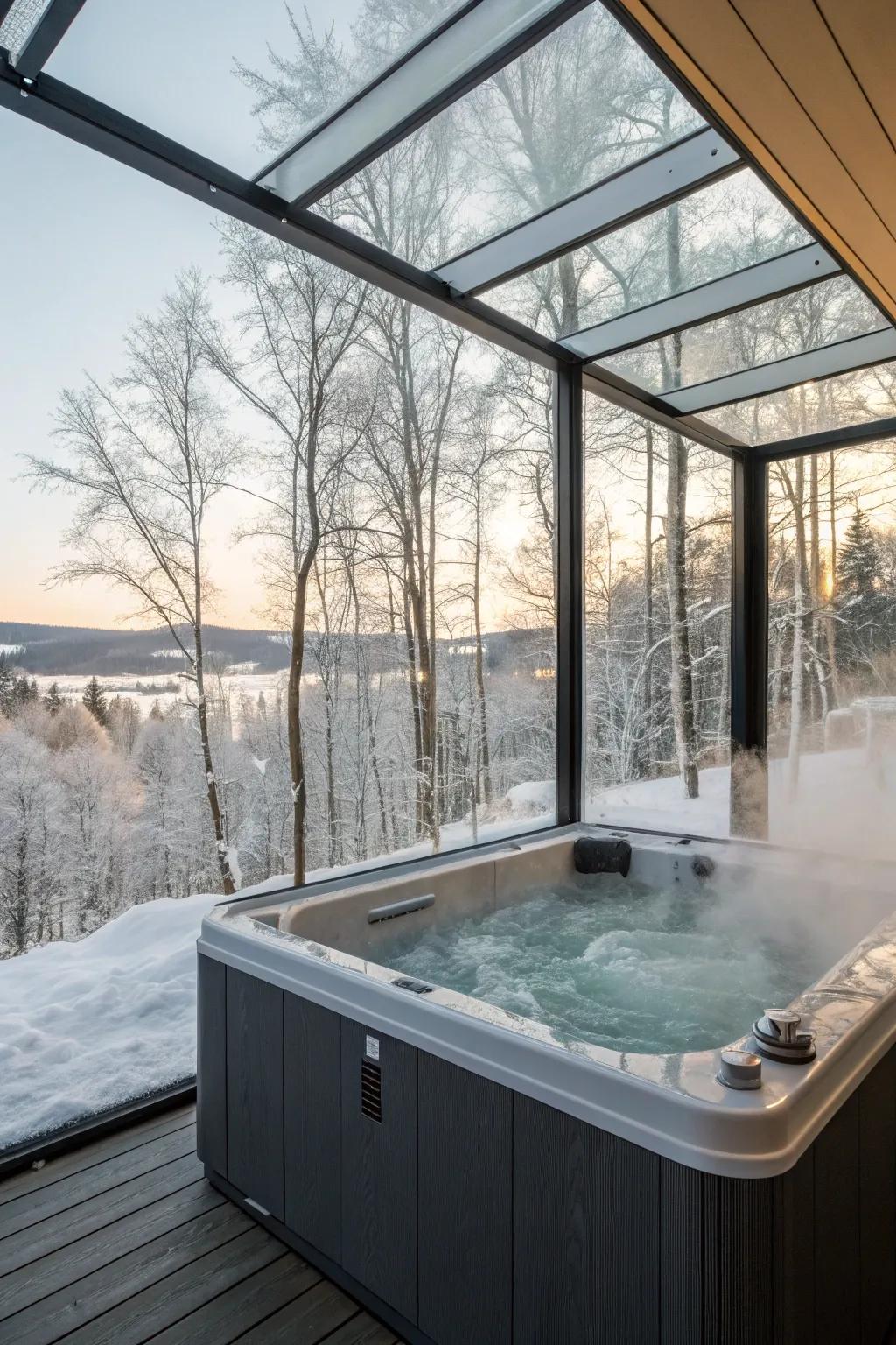 A modern glass enclosure offering panoramic winter views.