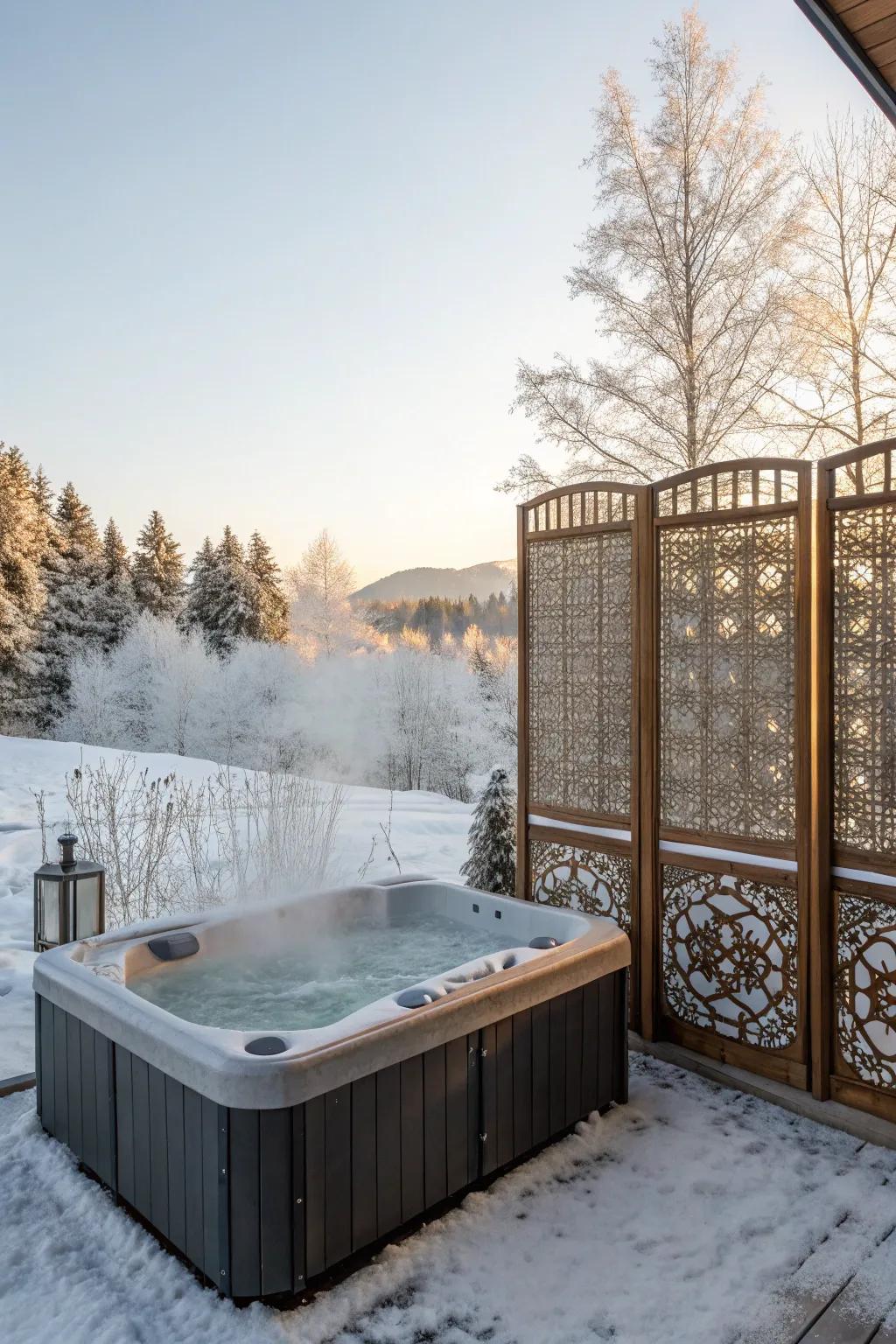 Elegant privacy screens providing a secluded hot tub experience.