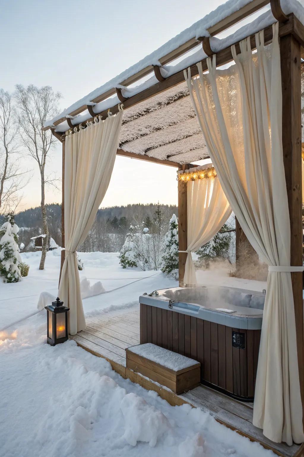 A pergola with curtains creating a cozy hot tub nook.