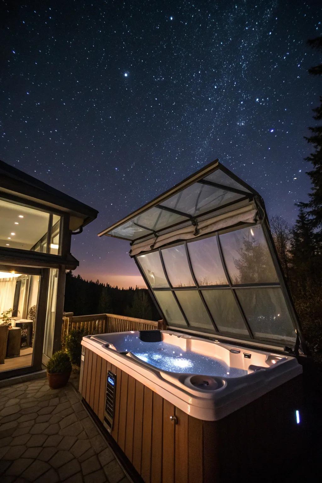 A retractable glass roof offering stargazing opportunities from the hot tub.