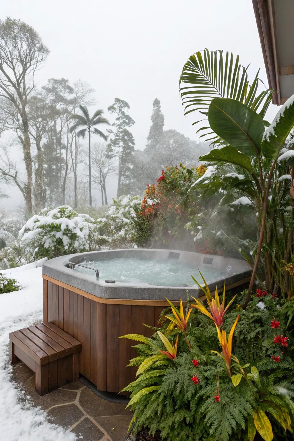 A tropical oasis created around a hot tub, even in winter.