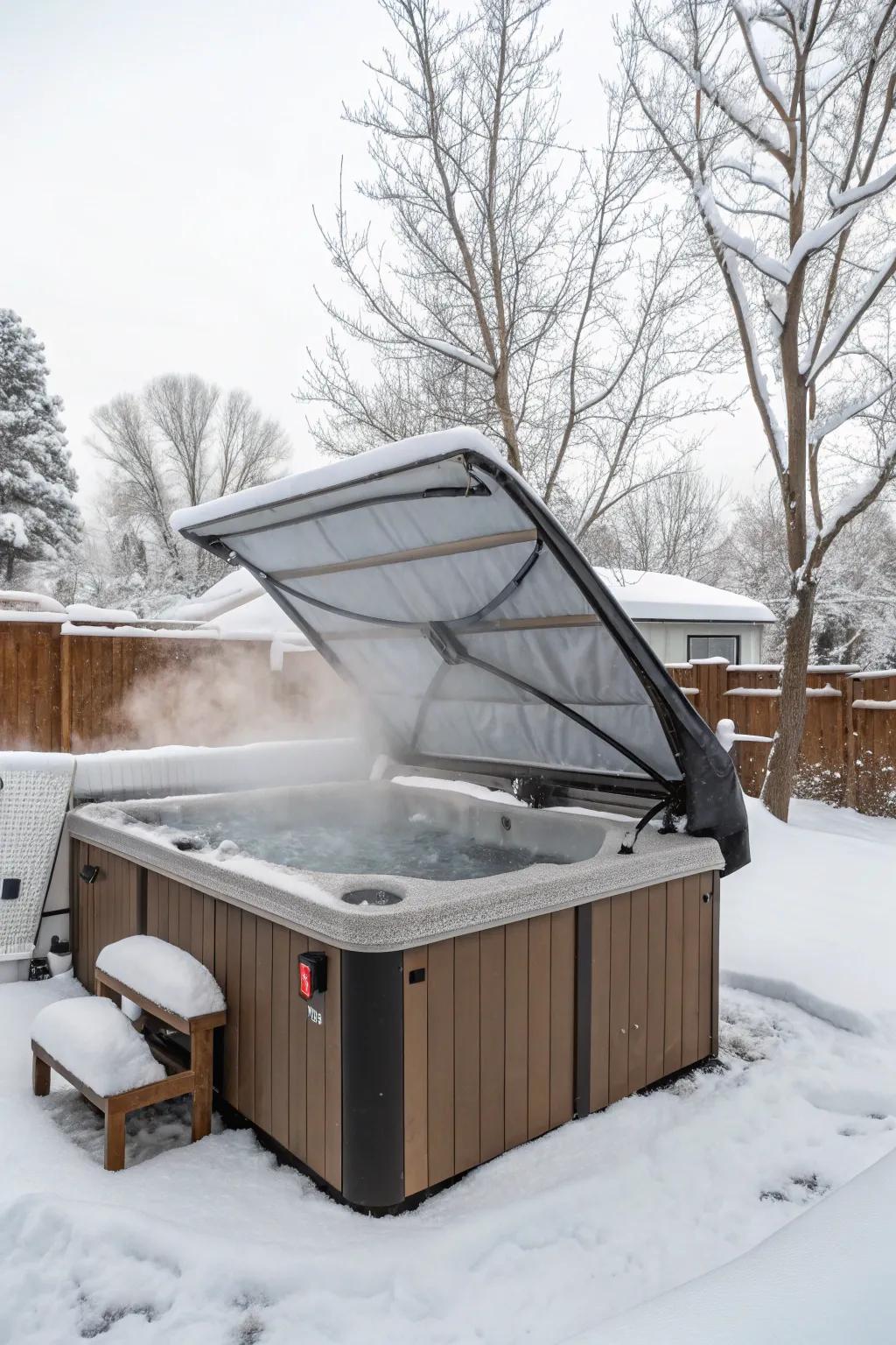 A retractable canopy over a hot tub, offering versatile coverage.