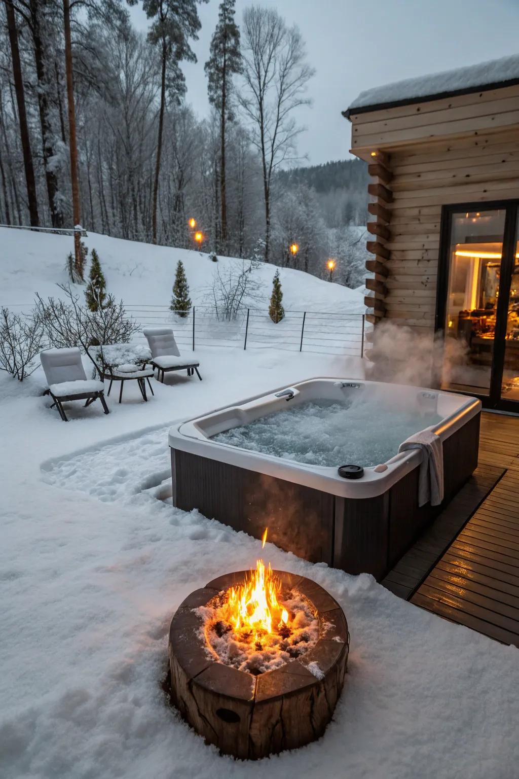 A cozy fire pit near the hot tub, enhancing warmth and atmosphere.