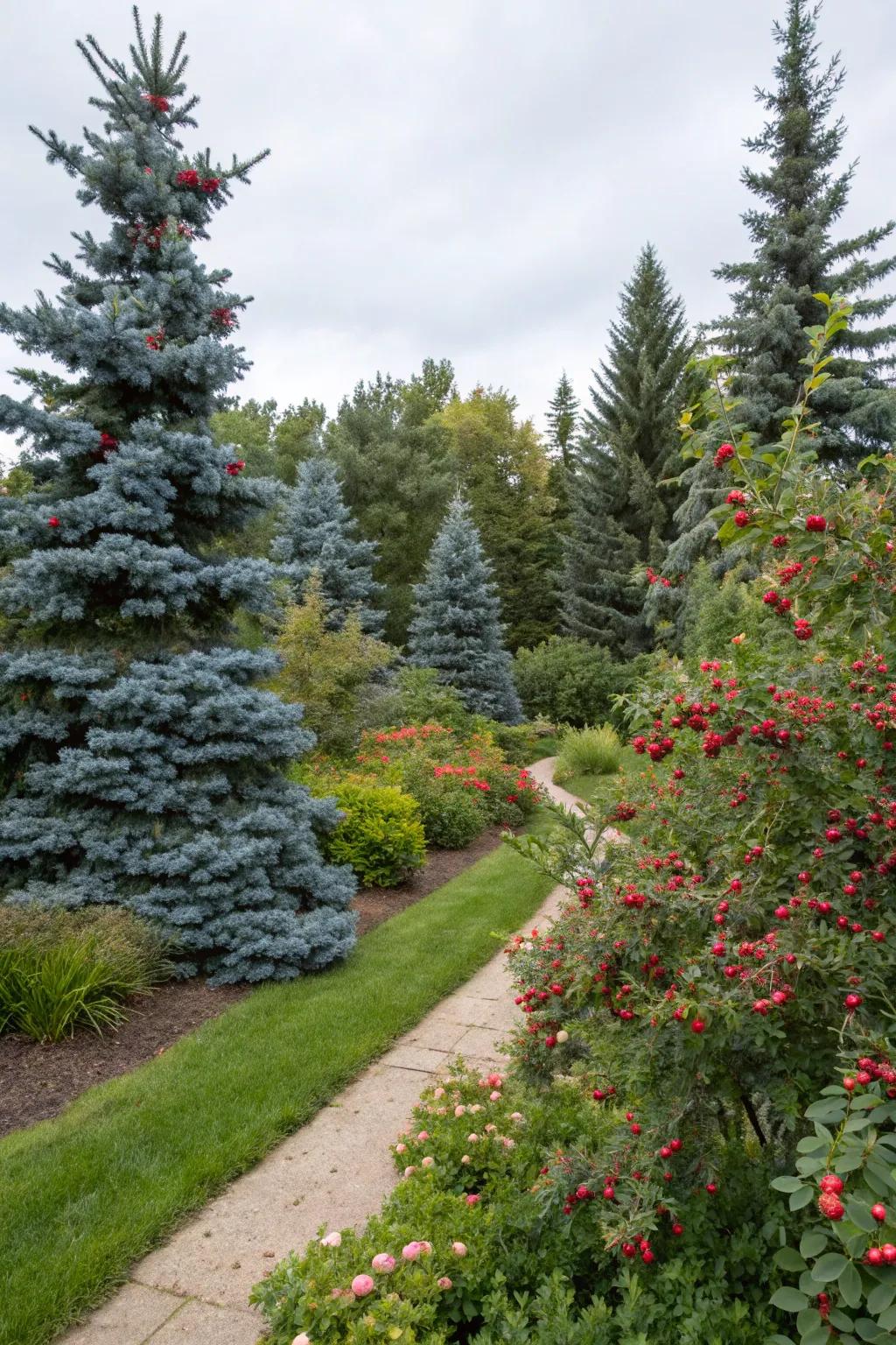 Blue spruce and berry plants create a beautiful, edible garden.