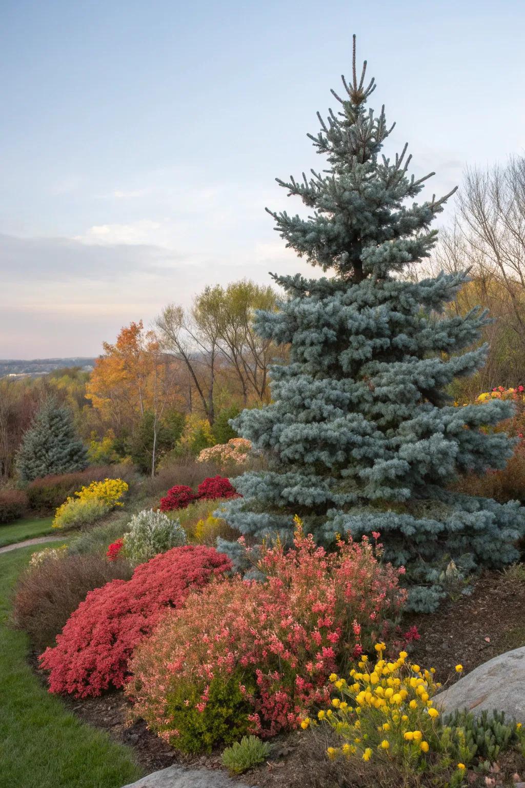 Seasonal plants keep the blue spruce garden vibrant year-round.