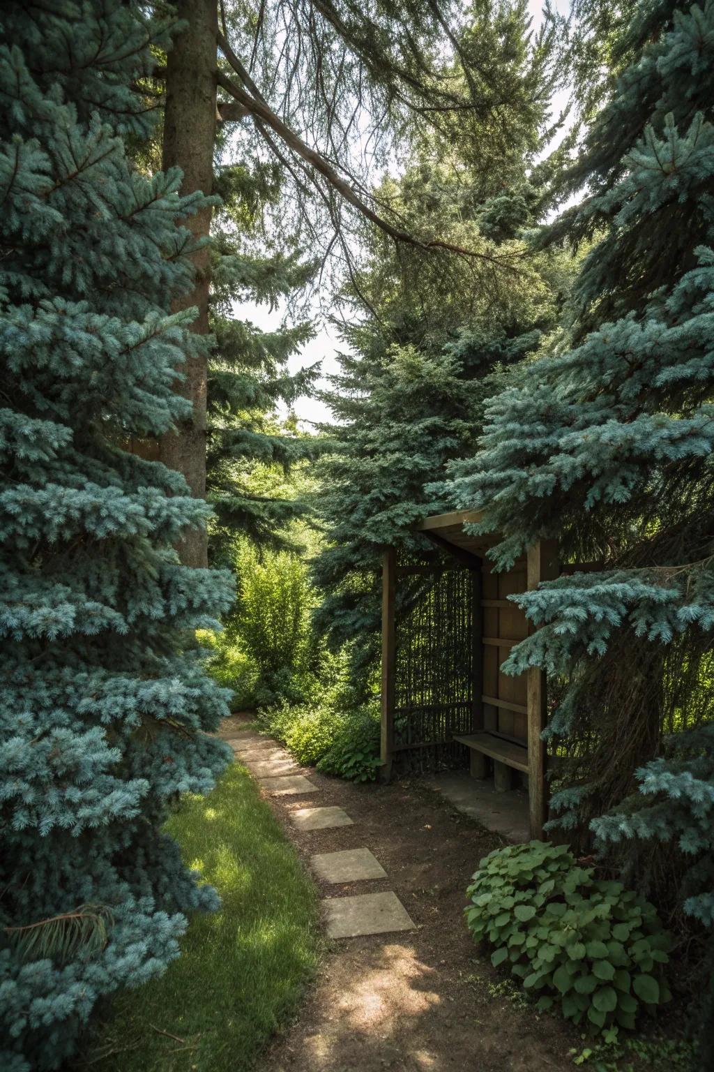 Blue spruce trees form enchanting secret garden hideaways.
