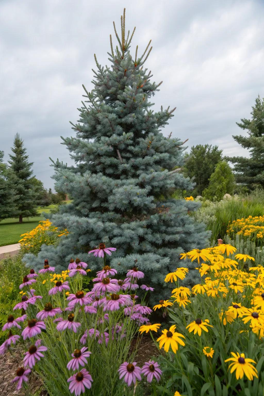 Colorful perennials complement the blue spruce beautifully.
