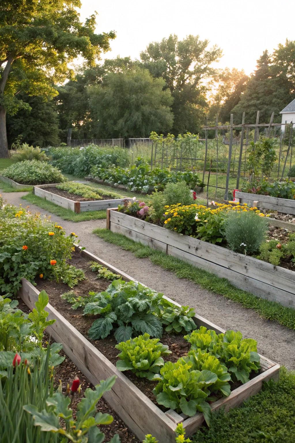 Raised beds offer organized, easy-to-maintain gardening.