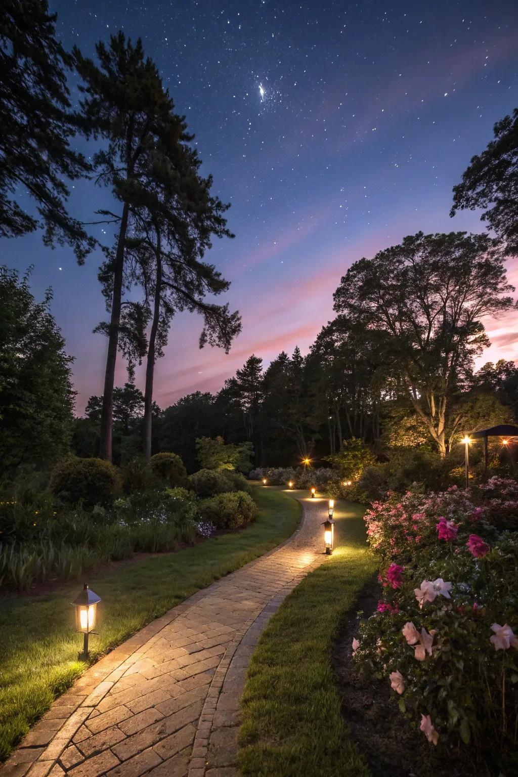 Solar lighting adds nighttime charm with zero upkeep.