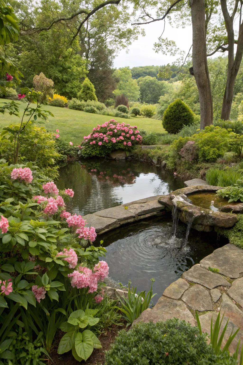 Water features add tranquility with low upkeep.