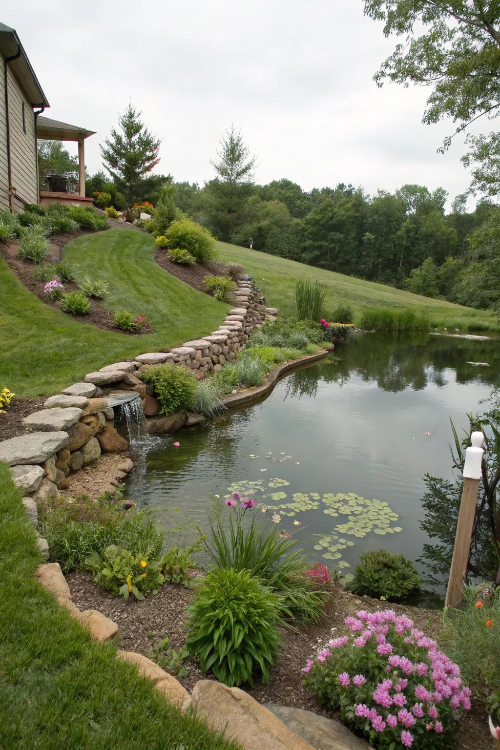 A pond adds tranquility to any slope.
