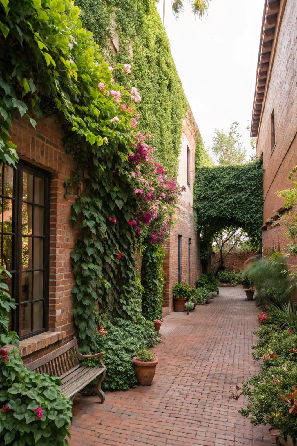 Green walls provide privacy and a lush backdrop.