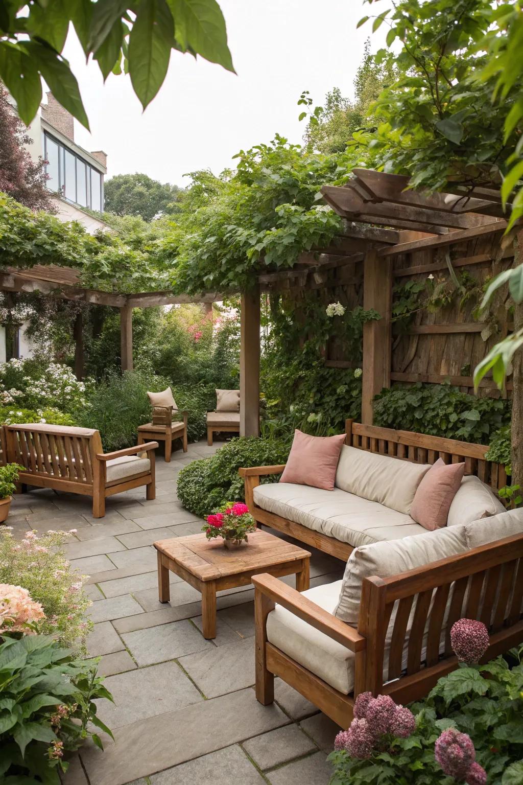 A cozy seating area invites relaxation in the garden.