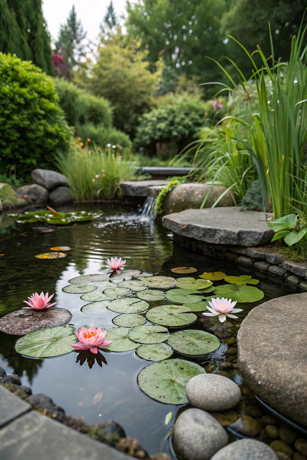 A serene pond brings tranquility to the garden.