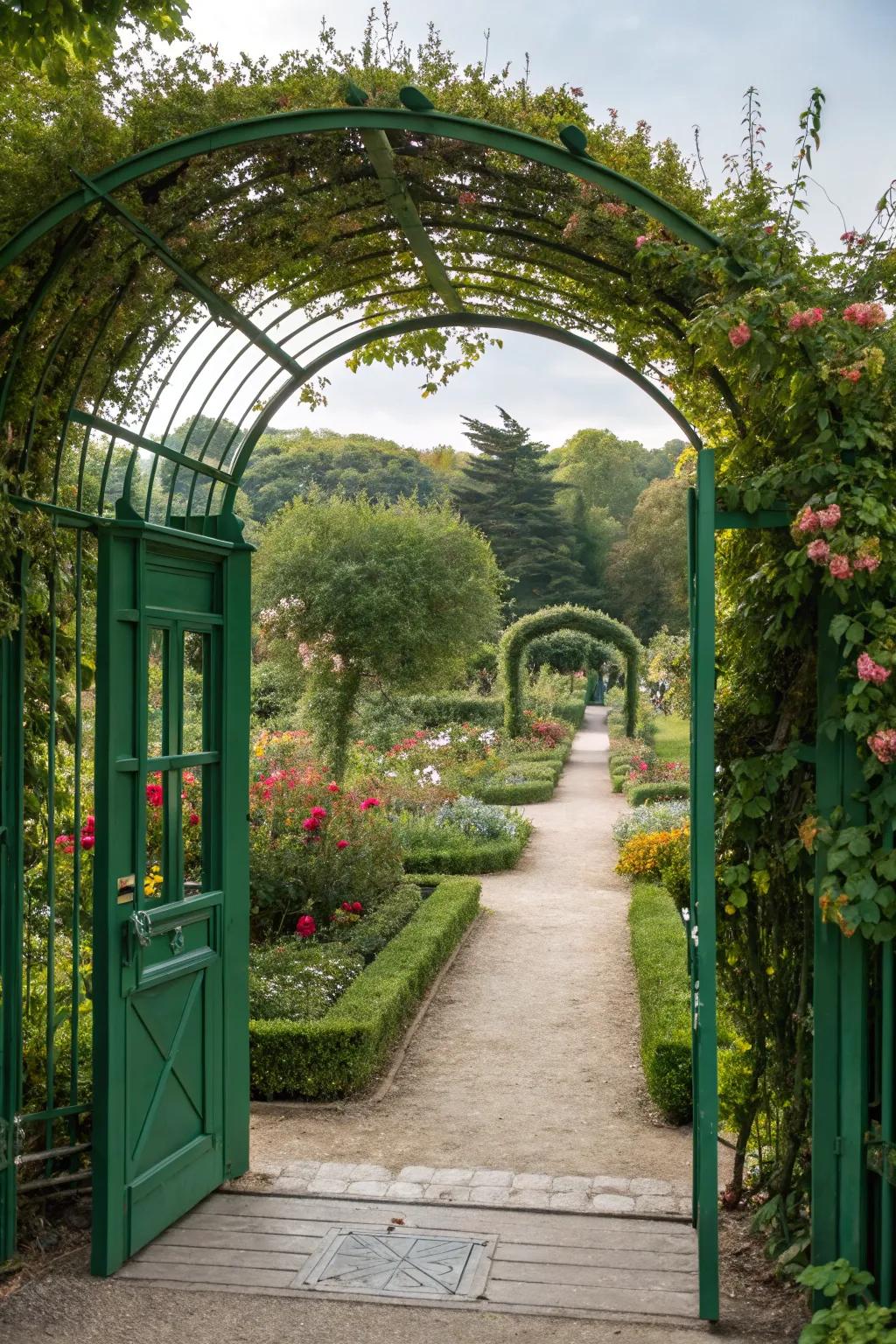 A green archway invites you into a hidden garden paradise.