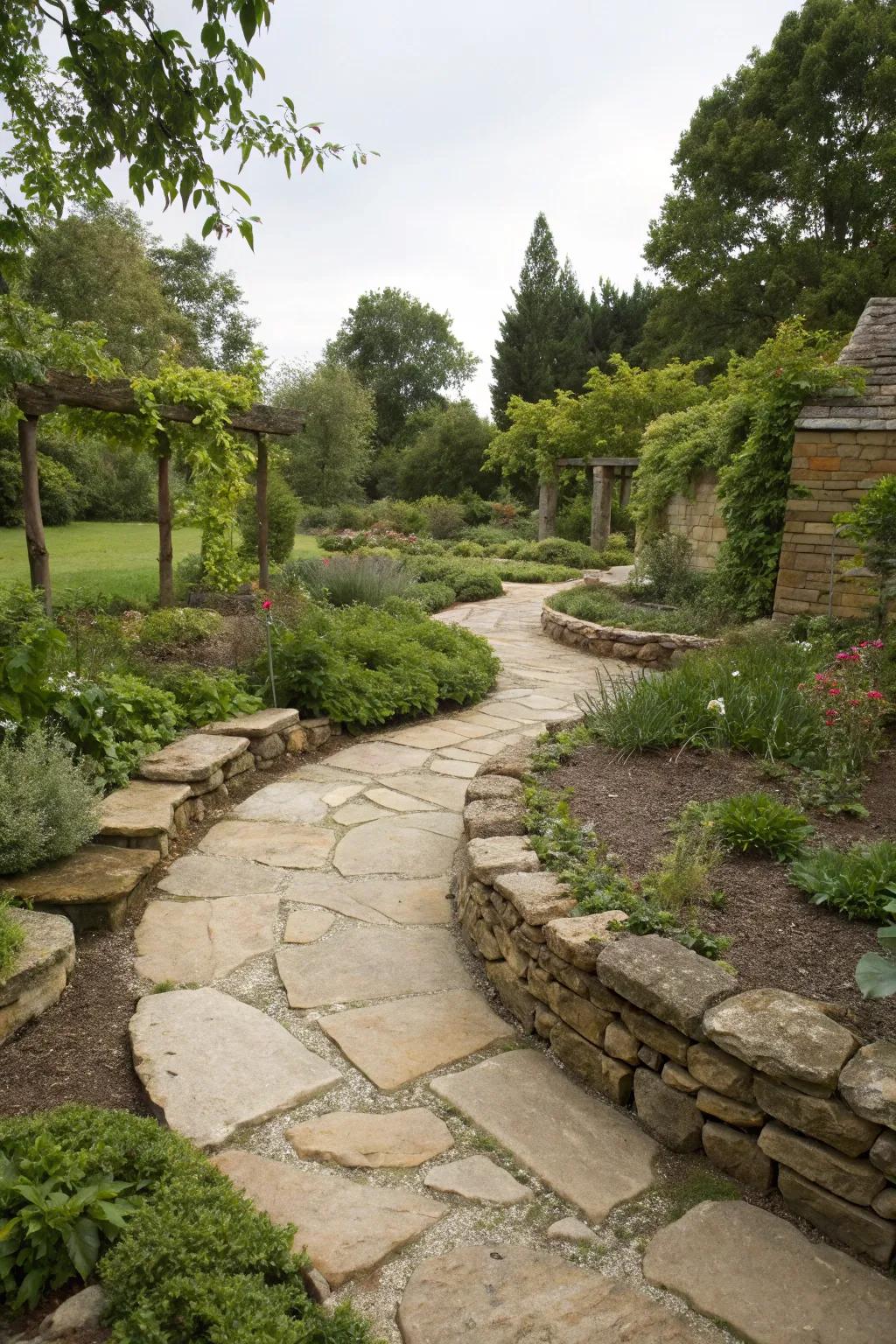 Natural stone elements add a rustic touch to the garden.