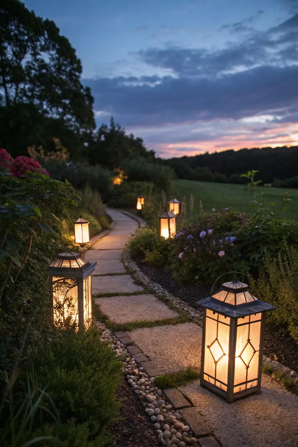 Decorative lanterns add elegance and light to the garden.