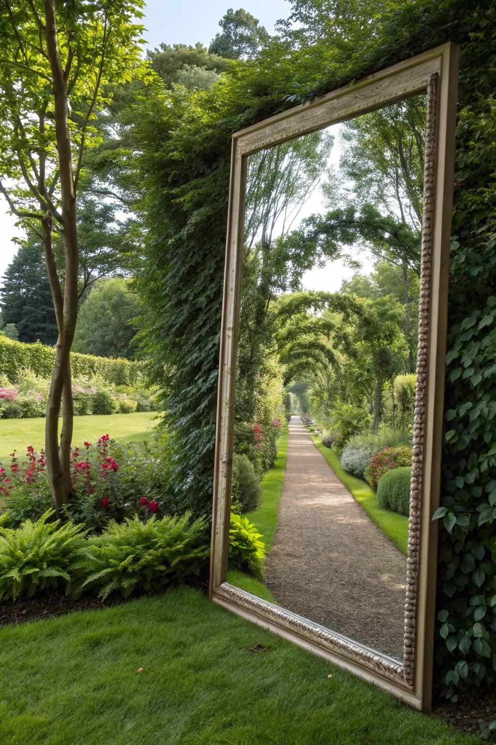 A garden mirror creates an illusion of endless space.