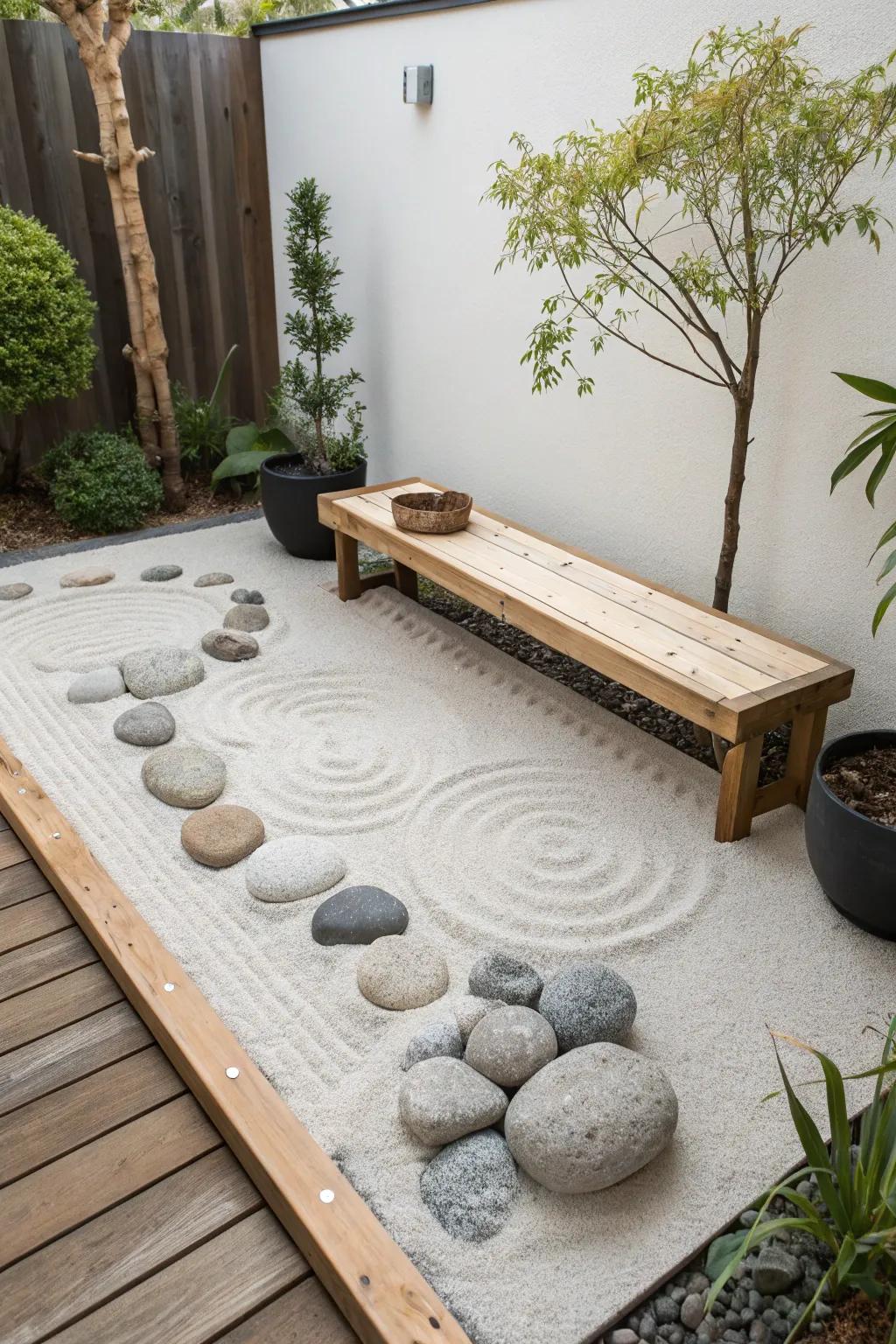 A Zen garden corner offers a space for peaceful meditation.