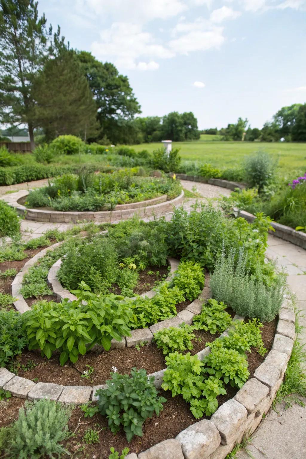 A spiral herb garden offers fresh ingredients and beauty.