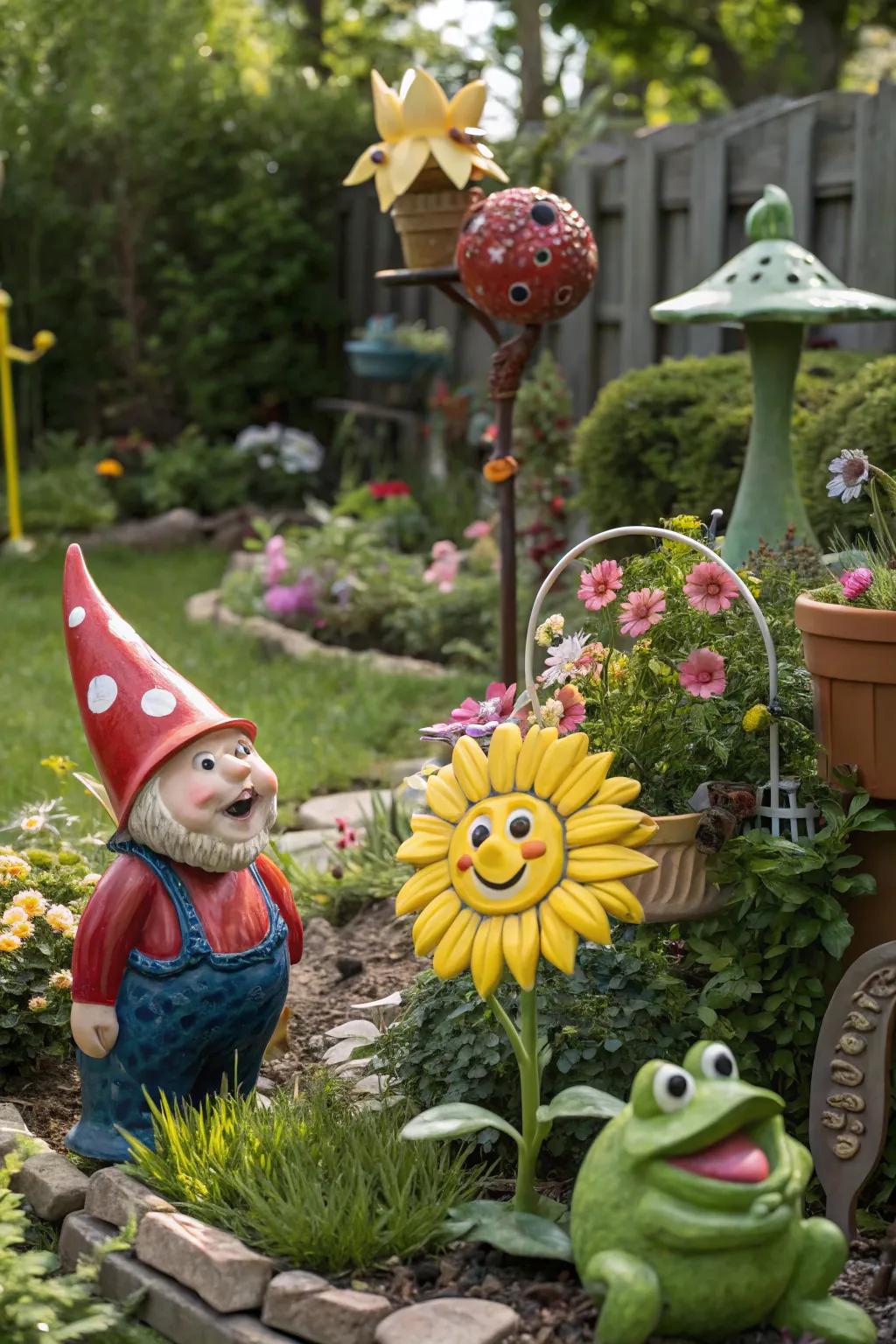 Whimsical ornaments add surprise and delight to the garden.