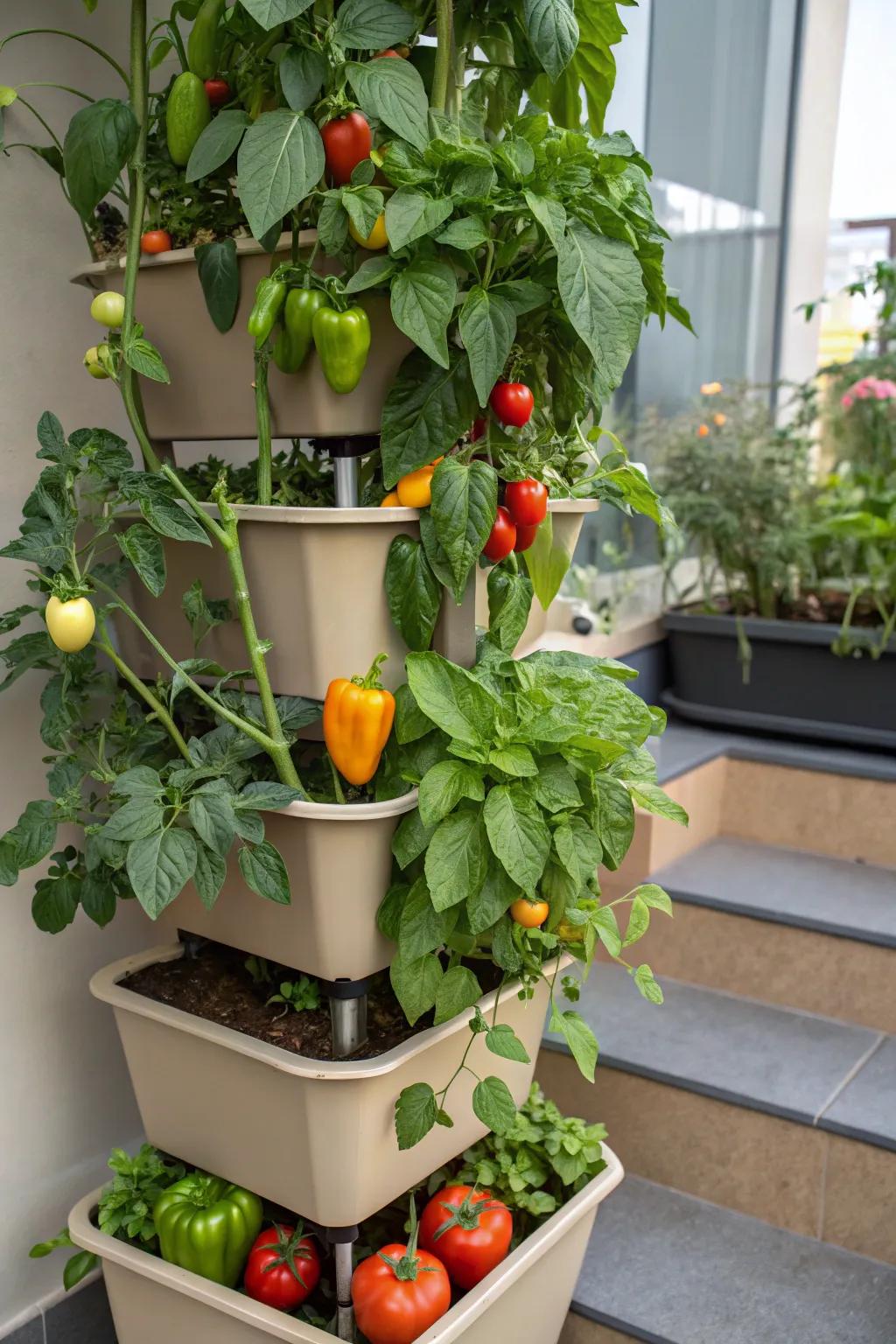 A vertical vegetable garden offers fresh produce in limited space.